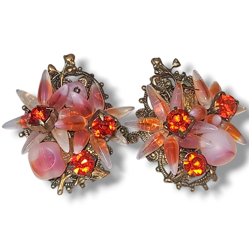 Vintage Opaline Glass Pink Orange Rhinestone Floral Cluster Clip On‎ Earrings